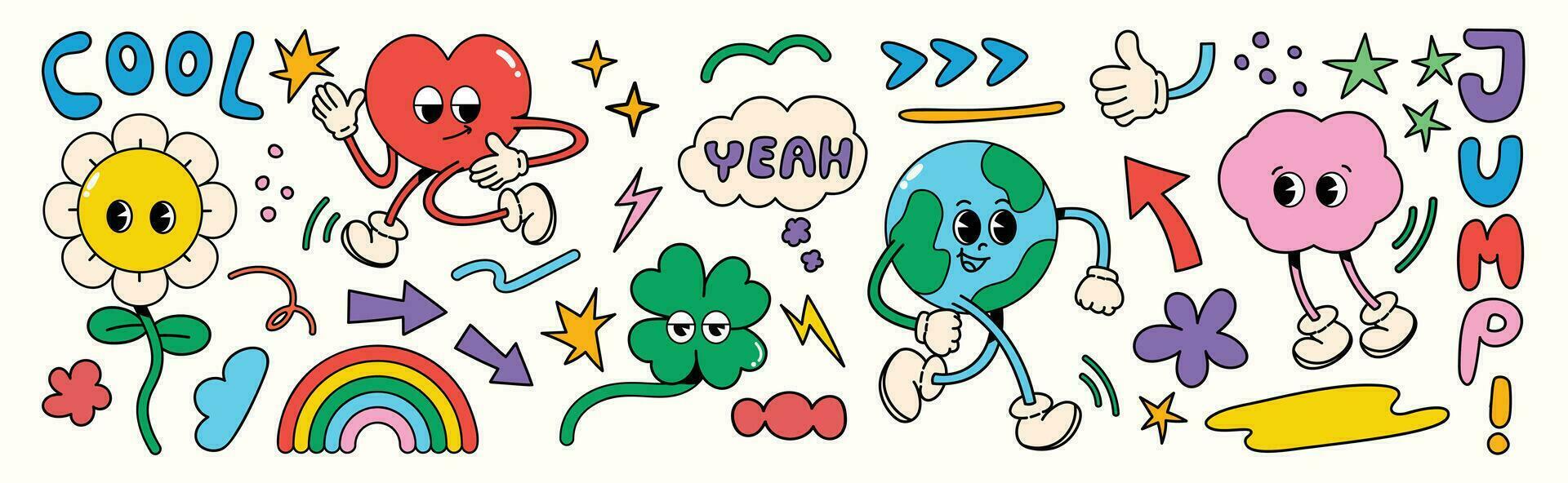 Set of 70s groovy element vector. Collection of cartoon characters, doodle smile face, world, rainbow, flower, heart, cloud, ginkgo leaf. Cute retro groovy hippie design for decorative, sticker, kids. vector