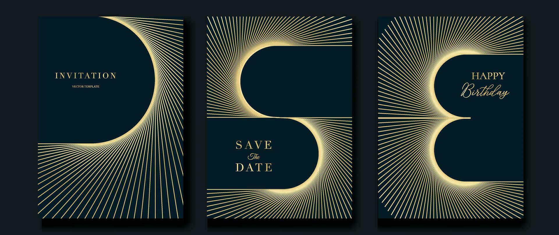 Luxury invitation card background vector. Golden curve elegant, gold line gradient on dark blue color background. Premium design illustration for gala card, grand opening, party invitation, wedding. vector