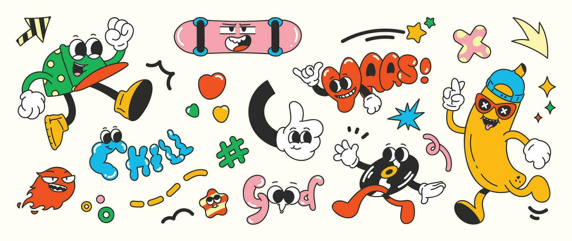 Set of 70s groovy element vector. Collection of cartoon characters, doodle smile face, platter, banana, skateboard, fire, heart, word. Cute retro groovy hippie design for decorative, sticker, kids. vector