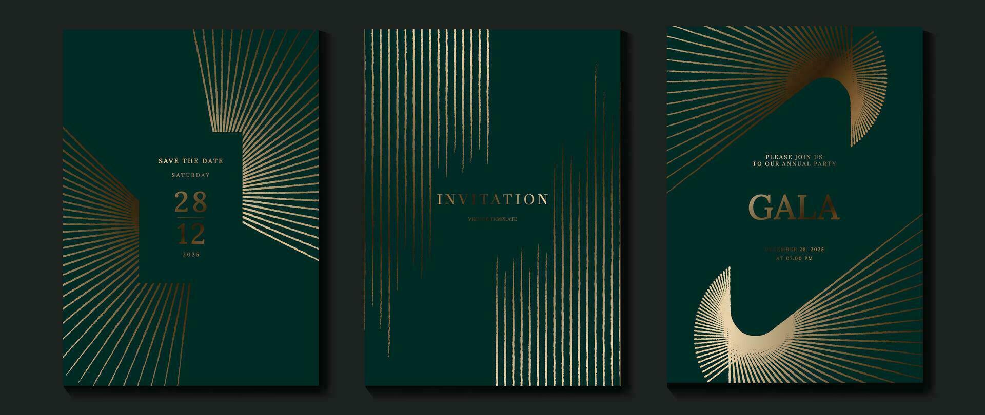 Luxury invitation card background vector. Golden curve elegant, gold line gradient on green color background. Premium design illustration for gala card, grand opening, party invitation, wedding. vector