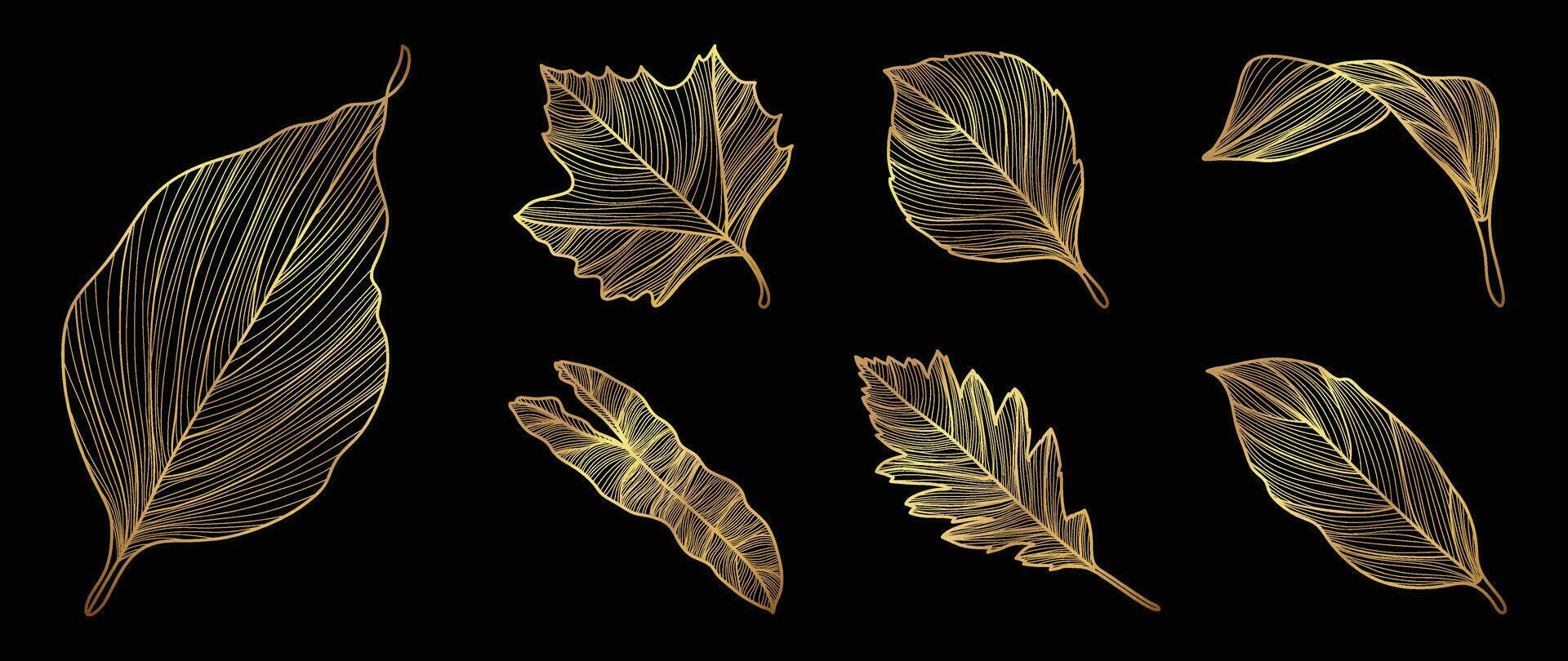 Set of luxury foliage vector element. Collection of botanical with tropical leaves, maple, oak, autumn plant, spring in gold hand drawn pattern. Elegant oriental flowers for decorative, prints, logo.