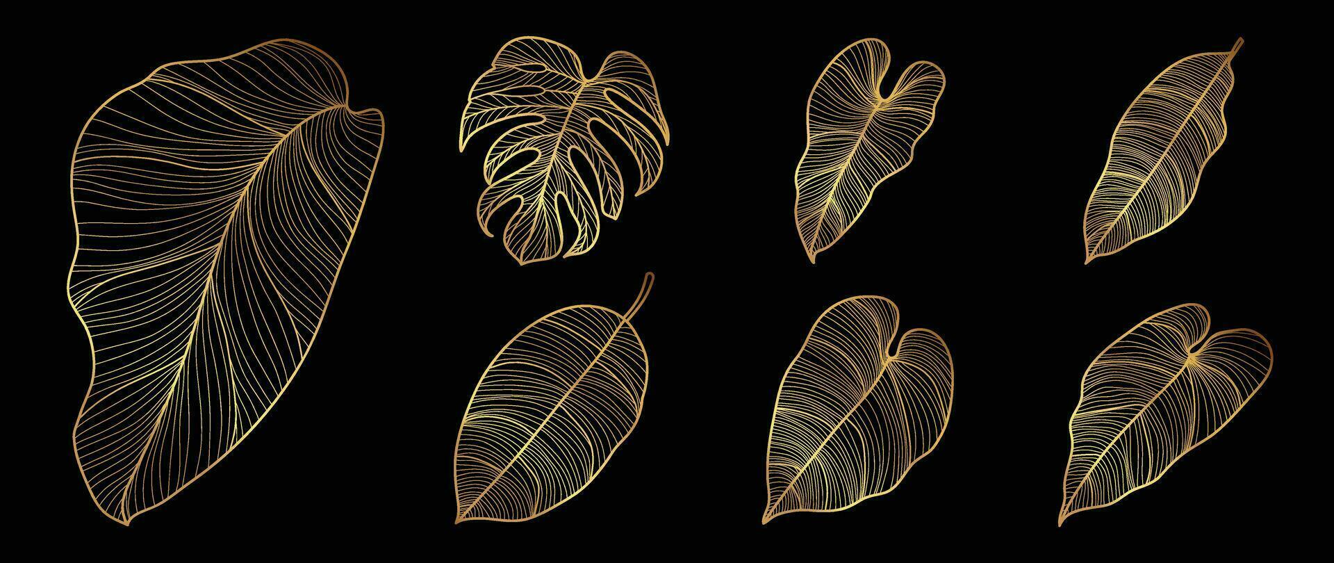 Set of luxury foliage vector element. Collection of botanical with tropical leaves, monstera, autumn plant, spring in gold hand drawn pattern. Elegant oriental leaves for decorative, prints, logo.