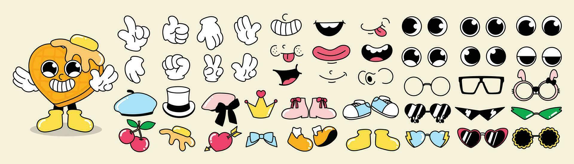 Set of 70s groovy comic vector. Collection of cartoon character faces in different emotions, hand, glove, glasses, hat, shoes, hairpin. Cute retro groovy hippie illustration for decorative, sticker. vector