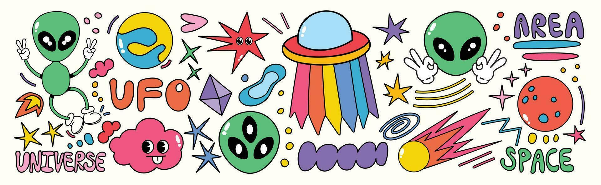 conjunto de 70s maravilloso elemento vector. colección de dibujos animados personaje, garabatear sonrisa rostro, OVNI, uap, extraterrestre, astronave, cohete, estrella. linda retro maravilloso hippie diseño para decorativo, pegatina, niños. vector