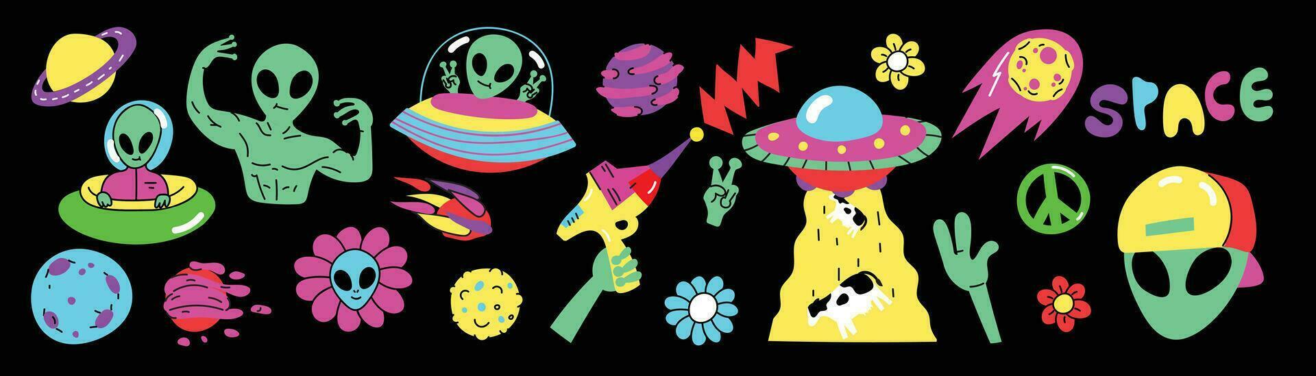 conjunto de 70s maravilloso elemento vector. colección de dibujos animados personaje, garabatear sonrisa rostro, OVNI, uap, extraterrestre, astronave, cohete, Saturno, vaca. linda retro maravilloso hippie diseño para decorativo, pegatina, niños. vector