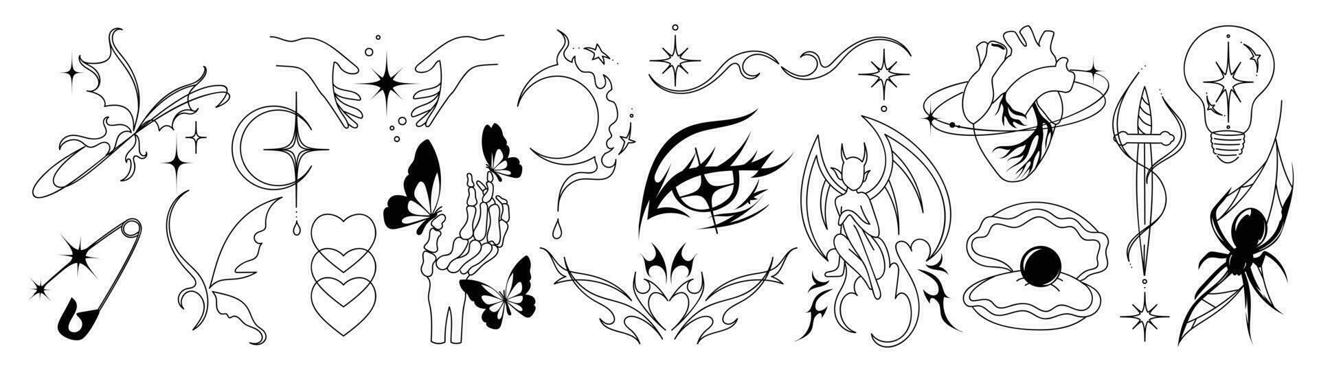 Set of y2k tattoo symbol vector on white background. Black trendy element design with wing, butterflies, heart, pearl, fire, devil. 90s hand drawn tattoo design for sticker, decorative, body paint.