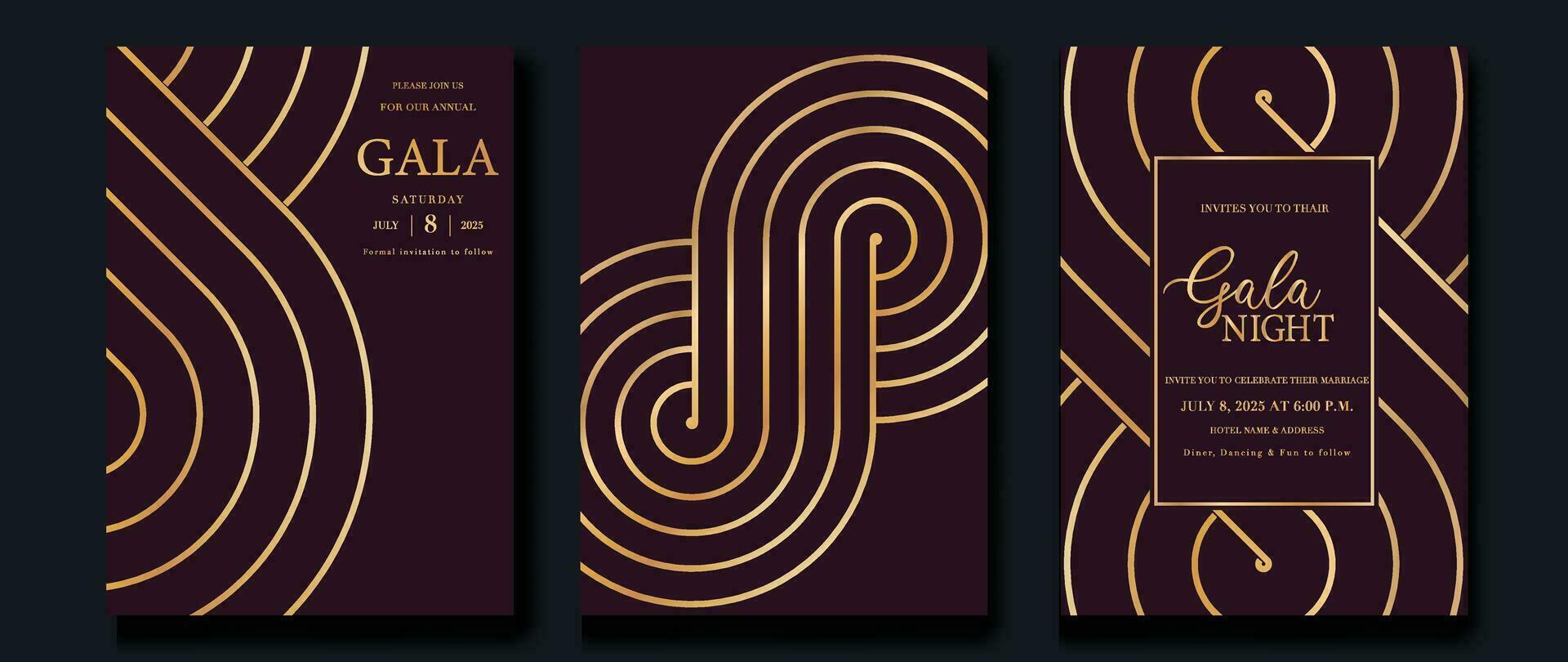 Luxury invitation card background vector. Golden curve elegant, gold line gradient on red color background. Premium design illustration for gala card, grand opening, party invitation, wedding. vector