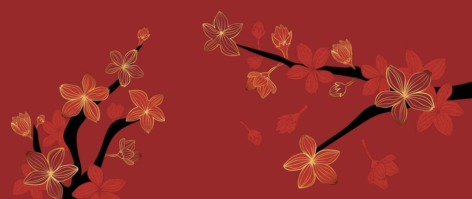 Luxury oriental flower background vector. Elegant cherry blossom flower golden line art on red background. Floral pattern design illustration for decoration, wallpaper, poster, banner, card. vector