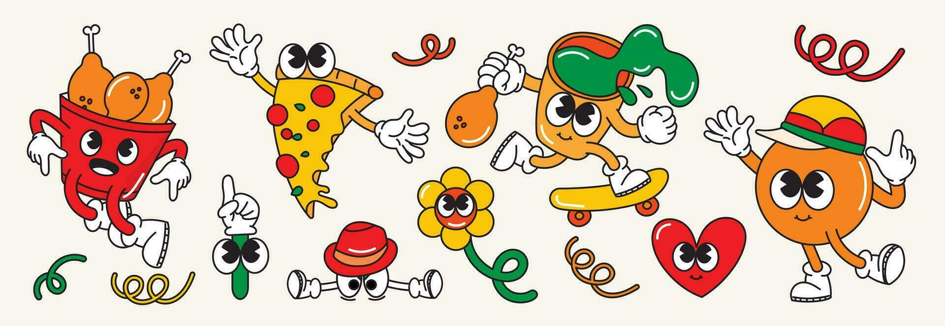 conjunto de 70s maravilloso elemento vector. colección de dibujos animados caracteres, garabatear sonrisa rostro, pollo frito, pizza, flor, patineta, corazón. linda retro maravilloso hippie diseño para decorativo, pegatina, niños. vector