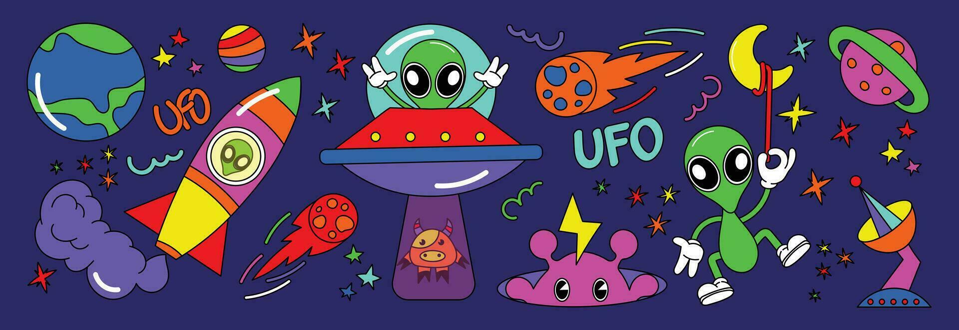 Set of 70s groovy element vector. Collection of cartoon character, doodle smile face, UFO, UAP, alien, spaceship, rocket, saturn, cow. Cute retro groovy hippie design for decorative, sticker, kids. vector