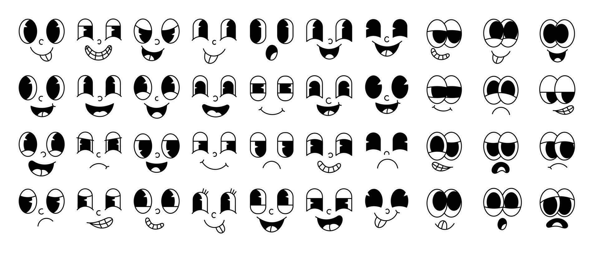 Set of 70s groovy comic faces vector. Collection of cartoon character faces, in different emotions, happy, angry, sad, cheerful. Cute retro groovy hippie illustration for decorative, sticker. vector