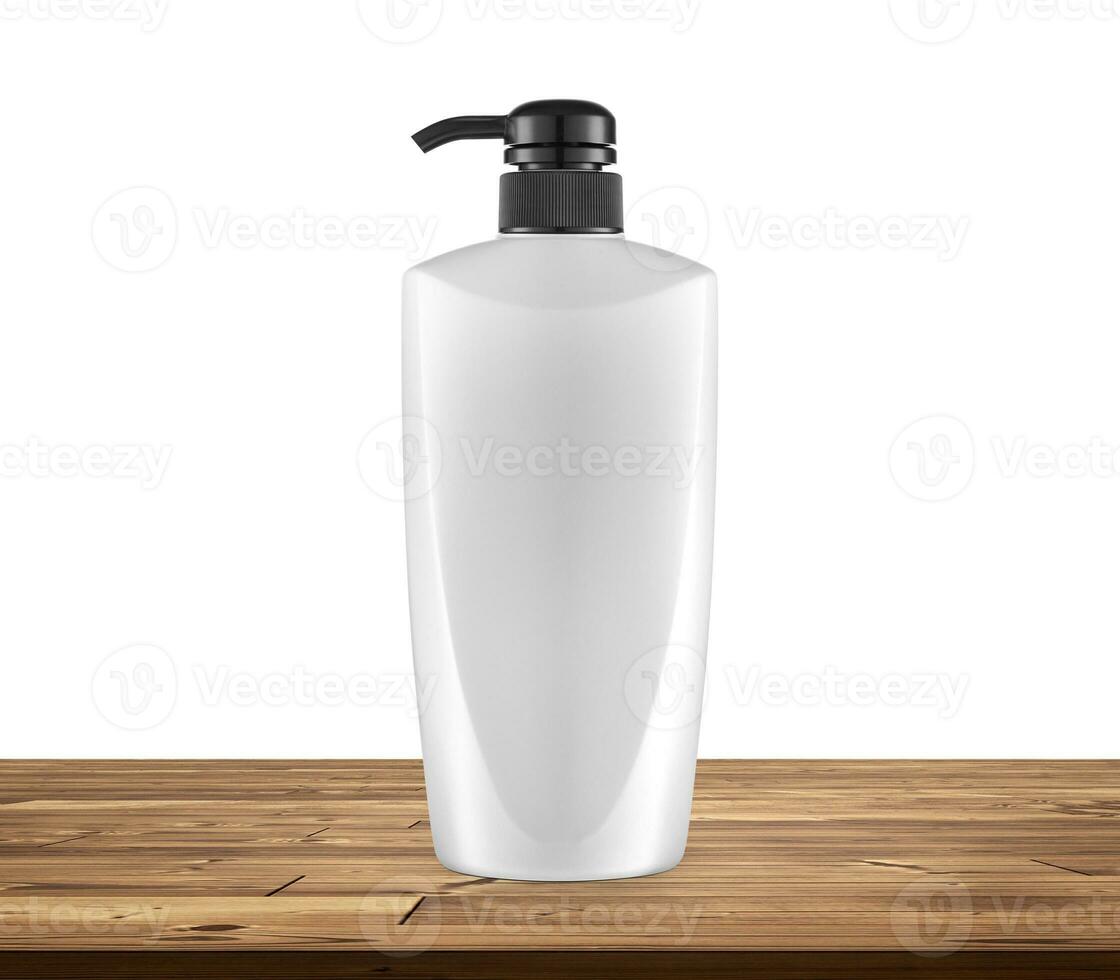 vacío producto embalaje bomba botella Bosquejo en un de madera mesa, blanco antecedentes. foto