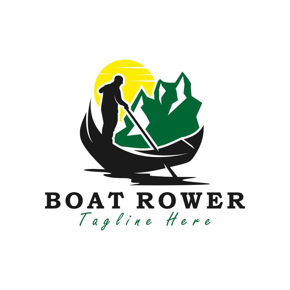 logo design of rowing a boat on a rock vector