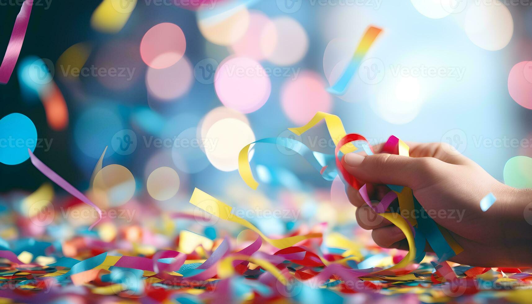 Hand holding confetti and colorful cut paper streamer as party decoration. Generative AI photo