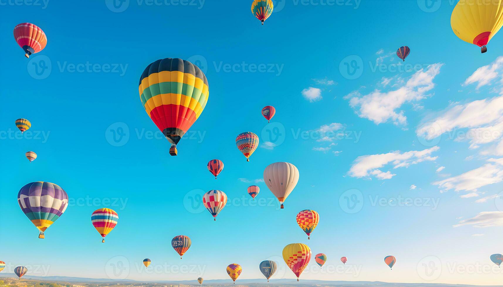 Colorful hot air balloons in the clear sky. Generative AI photo