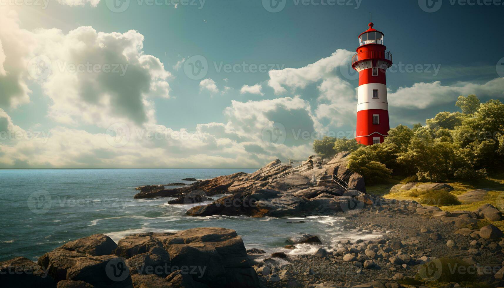 Lighthouse on seashore with a beam of light shining out to sea. Generative AI photo