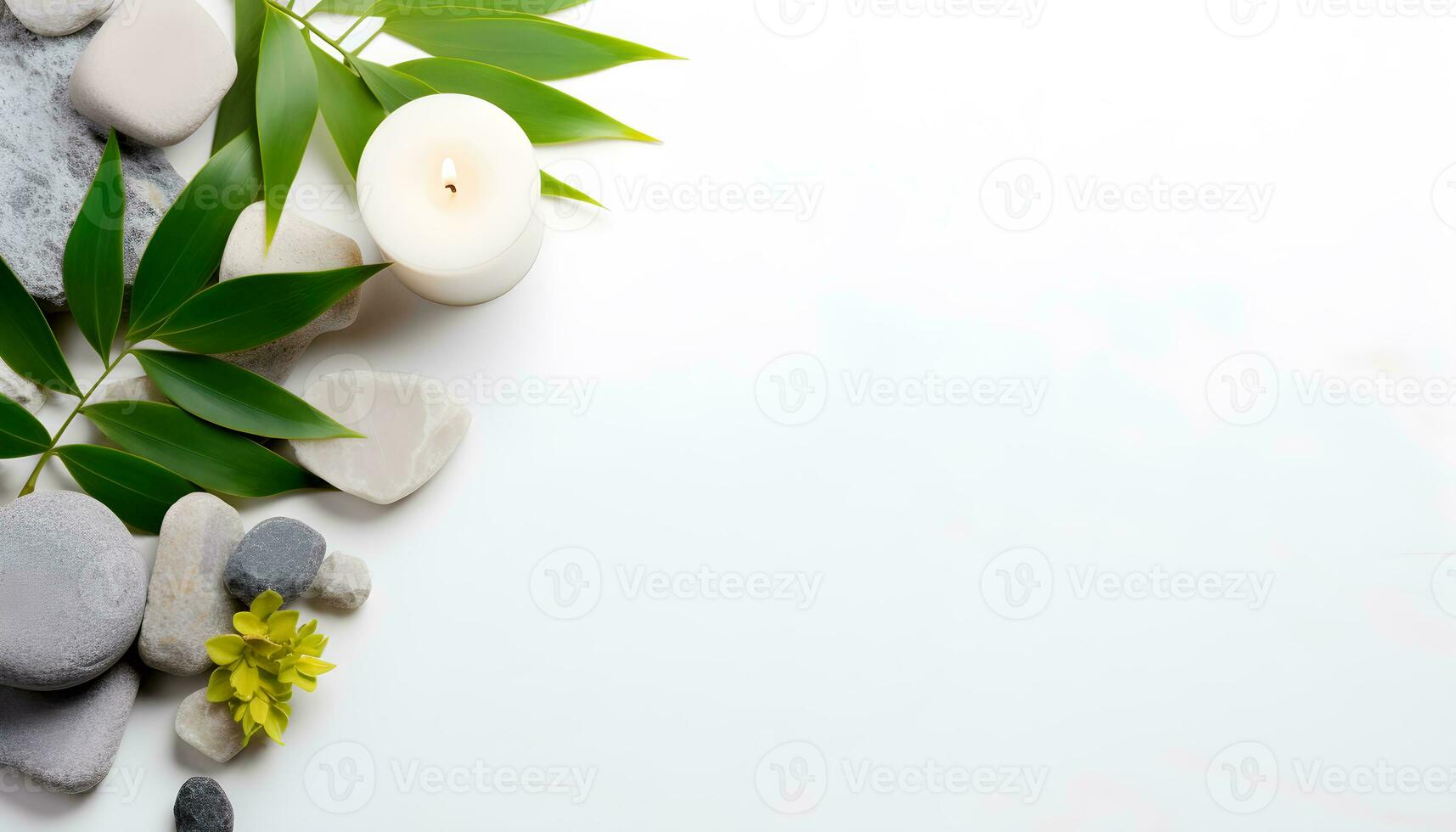 composition of a spa with stones and green leaves background. Generative AI photo