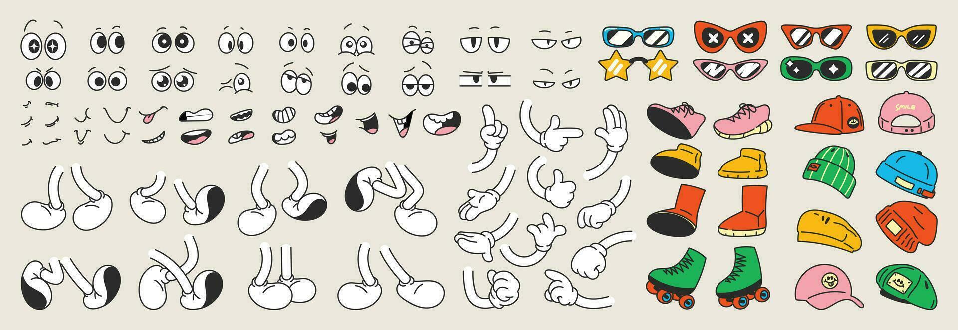 Set of 70s groovy comic vector. Collection of cartoon character faces in different emotions, hand, glove, glasses, hat, shoes. Cute retro groovy hippie illustration for decorative, sticker. vector