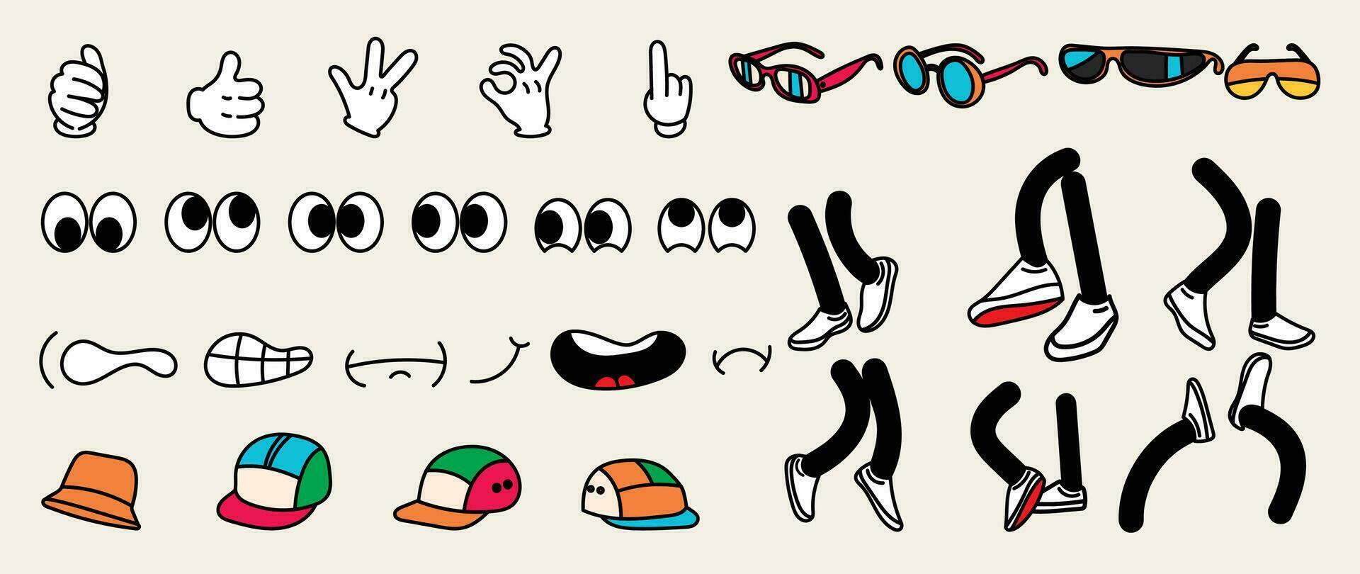 Set of 70s groovy comic vector. Collection of cartoon character faces in different emotions, hand, glove, glasses, hat, shoes. Cute retro groovy hippie illustration for decorative, sticker. vector