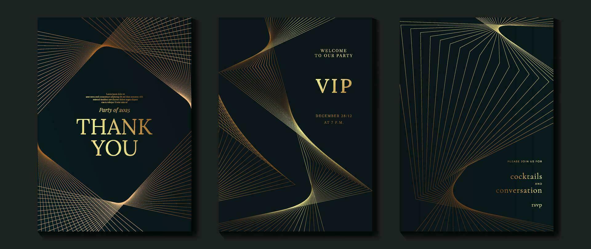 lujo invitación tarjeta antecedentes vector. dorado curva elegante, oro línea degradado en oscuro verde color antecedentes. prima diseño ilustración para gala tarjeta, grandioso apertura, fiesta invitación, boda. vector