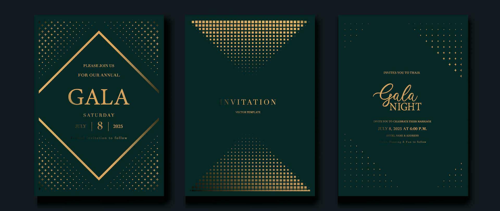 Luxury invitation card background vector. Golden curve elegant, halftone gradient on dark green color background. Premium design illustration for gala card, grand opening, party invitation, wedding. vector