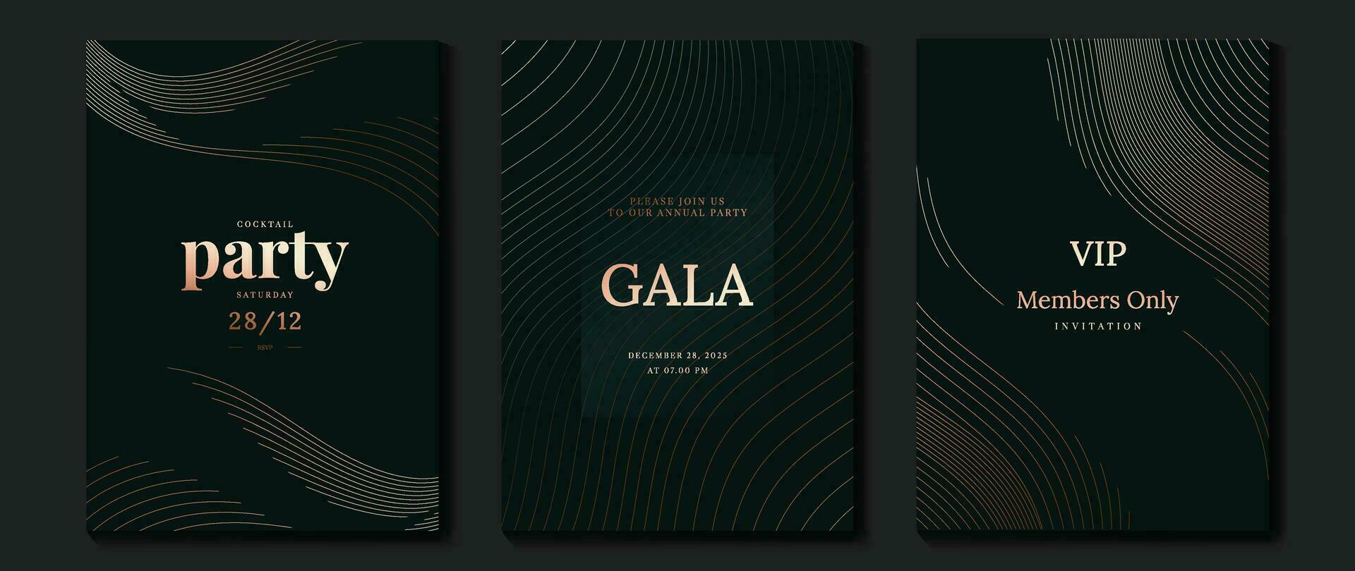 Luxury invitation card background vector. Golden curve elegant, gold line gradient on dark green color background. Premium design illustration for gala card, grand opening, party invitation, wedding. vector