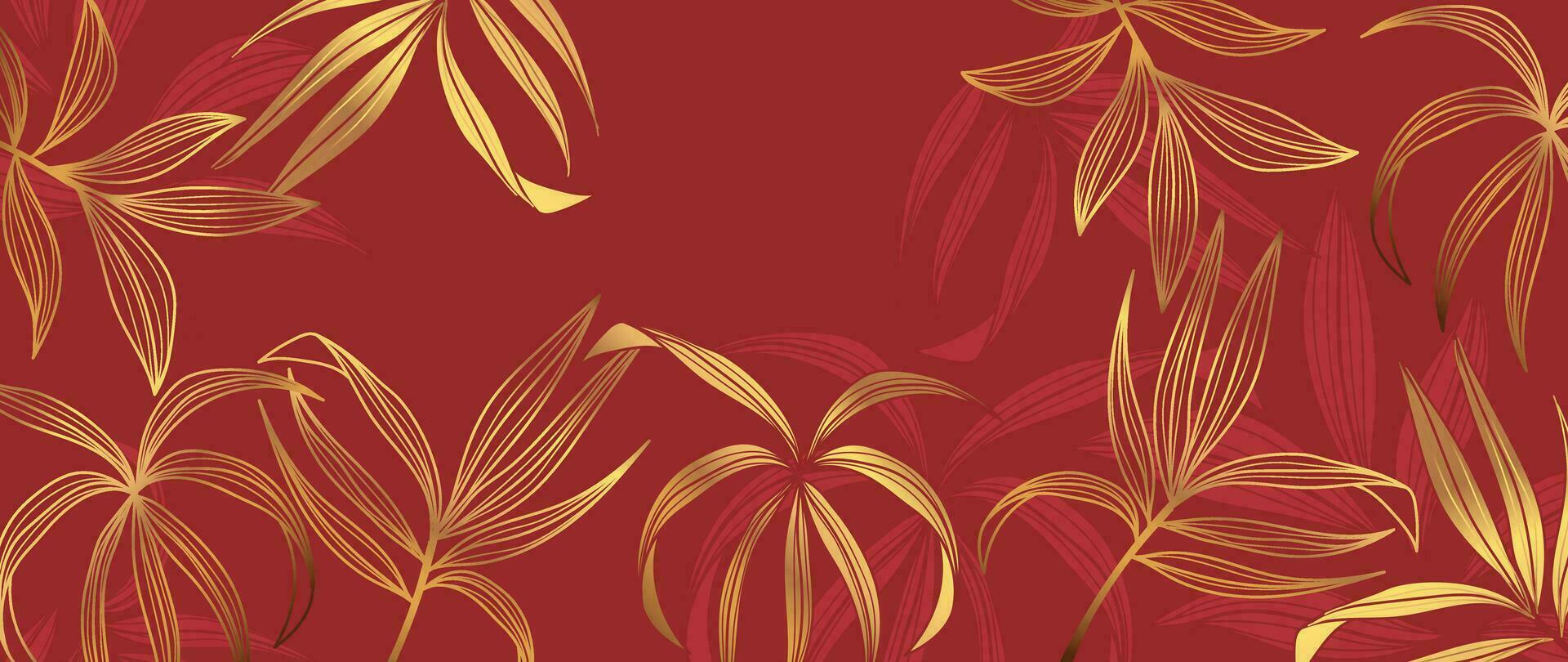 Luxury oriental foliage background vector. Elegant bamboo leaves golden line art on red background. Floral pattern design illustration for decoration, wallpaper, poster, banner, card. vector