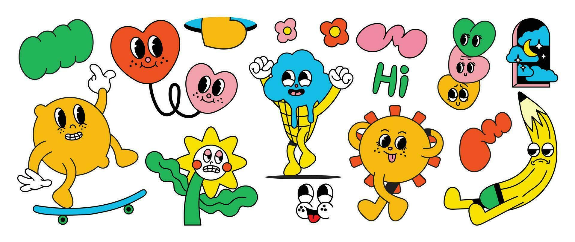 Set of 70s groovy element vector. Collection of cartoon characters, doodle smile face, flowers, sun, ice-cream, pencil, lemon, heart. Cute retro groovy hippie design for decorative, sticker, kids. vector