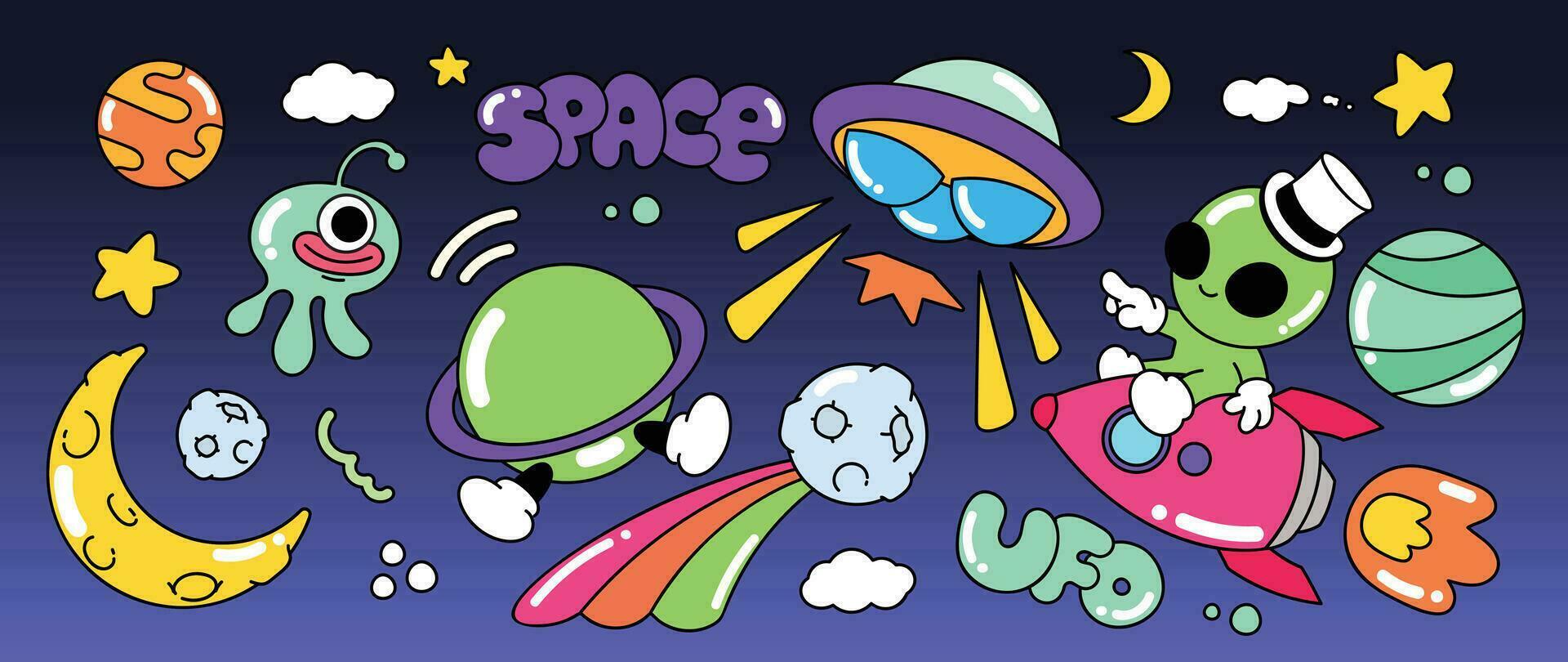 Set of 70s groovy element vector. Collection of cartoon characters, doodle smile face, UFO, UAP, rocket, alien, galaxy, spaceship, moon. Cute retro groovy hippie design for decorative, sticker, kids. vector