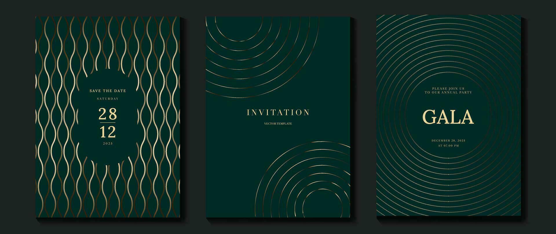 Luxury invitation card background vector. Golden curve elegant, gold line gradient on green color background. Premium design illustration for gala card, grand opening, party invitation, wedding. vector