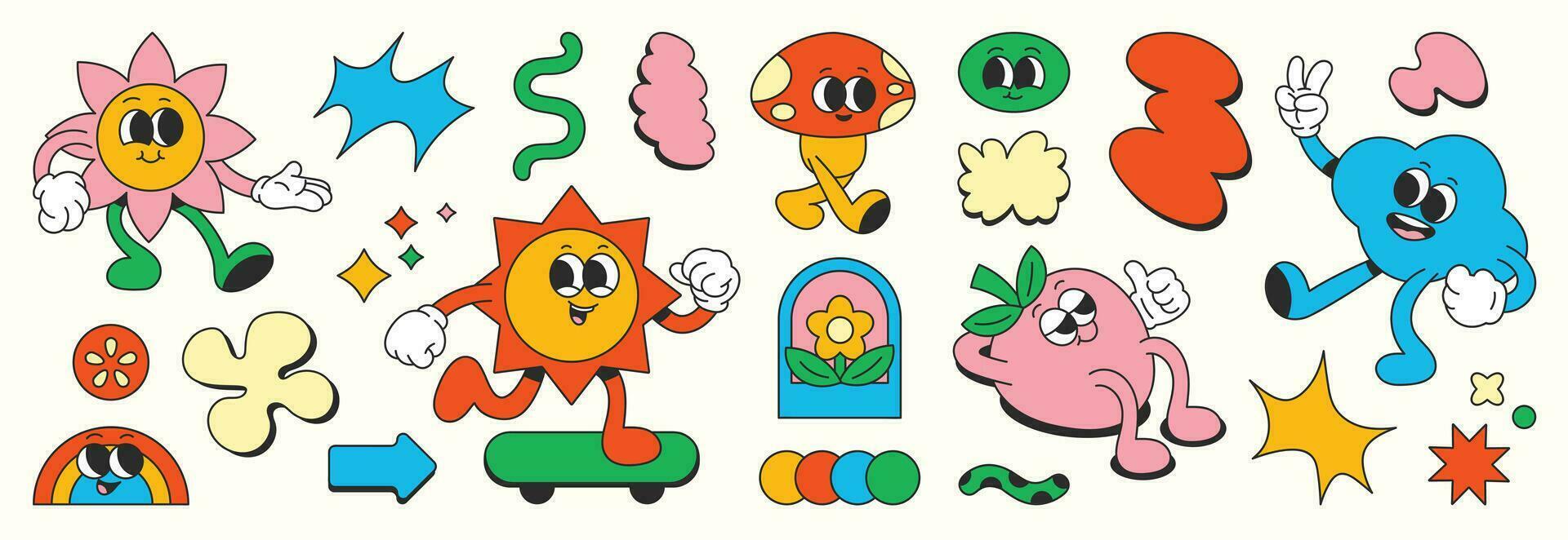 Set of 70s groovy element vector. Collection of cartoon characters, doodle smile face, sun, skateboard, flower, mushroom, strawberry. Cute retro groovy hippie design for decorative, sticker, kids. vector