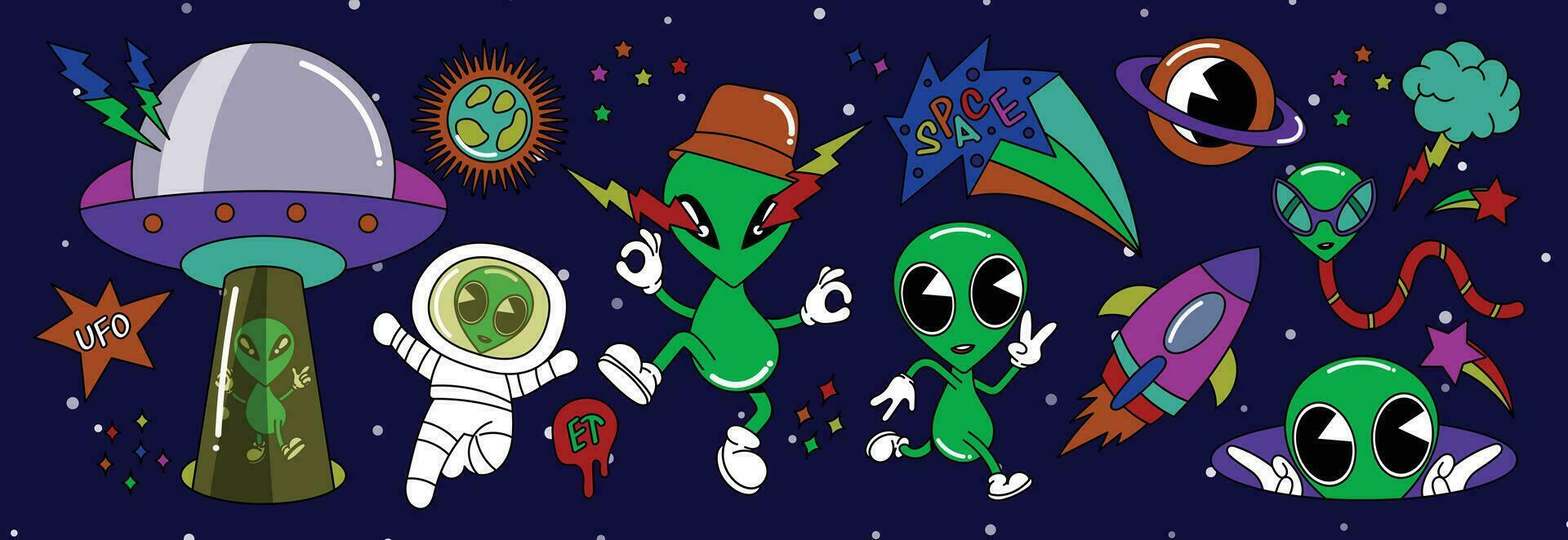 conjunto de 70s maravilloso elemento vector. colección de dibujos animados personaje, garabatear sonrisa rostro, OVNI, uap, extraterrestre, astronave, cohete, Saturno, piloto. linda retro maravilloso hippie diseño para decorativo, pegatina, niños. vector