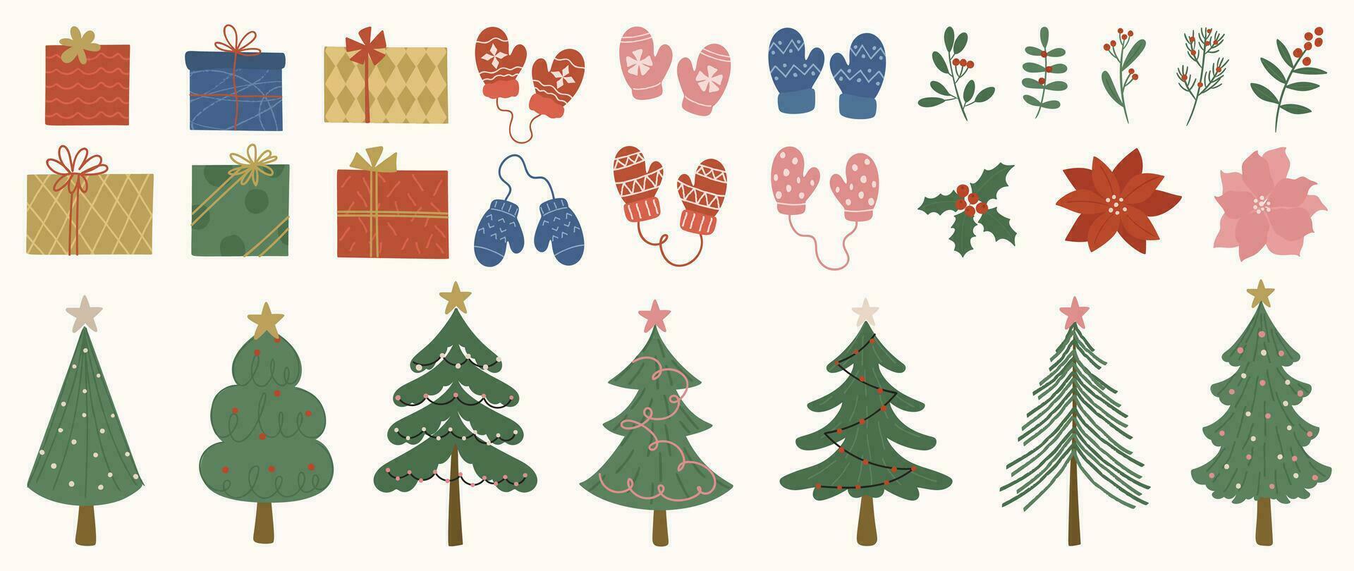Set of decorative christmas element vector illustration. Collection of christmas tree, glove, present, flower, foliage. Design for sticker, card, poster, invitation, greeting.