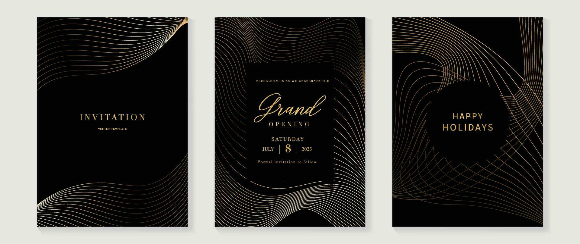 Luxury invitation card background vector. Golden curve elegant, gold line gradient on dark color background. Premium design illustration for gala card, grand opening, party invitation, wedding. vector