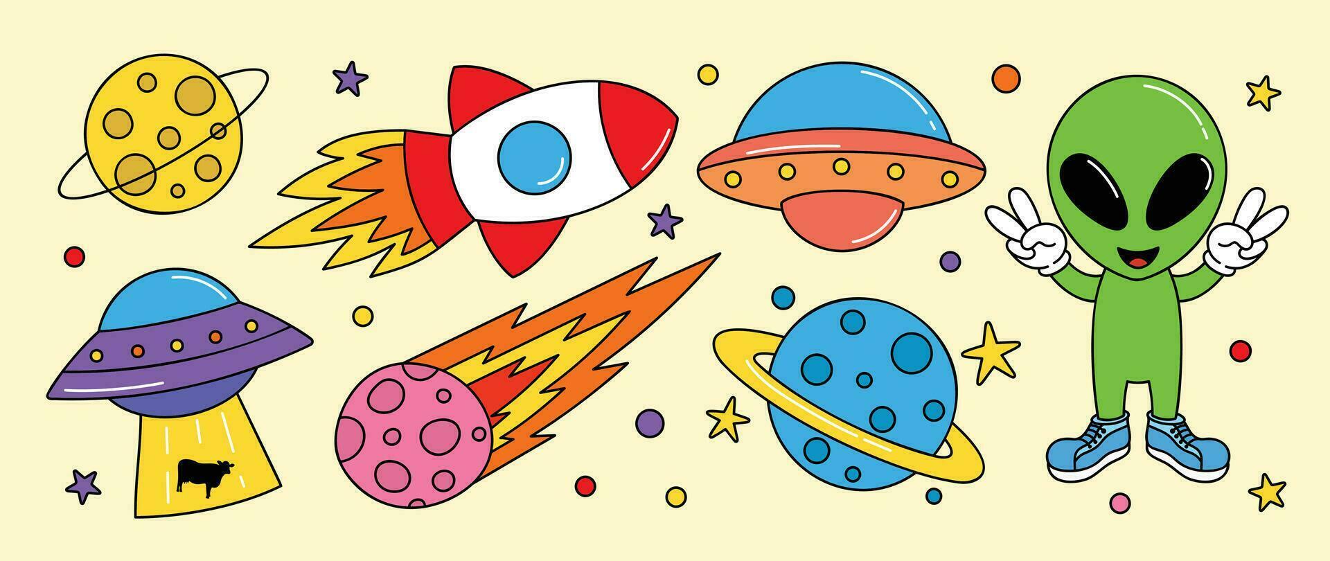 conjunto de 70s maravilloso elemento vector. colección de dibujos animados personaje, garabatear sonrisa rostro, OVNI, uap, extraterrestre, astronave, cohete, Saturno, vaca. linda retro maravilloso hippie diseño para decorativo, pegatina, niños. vector