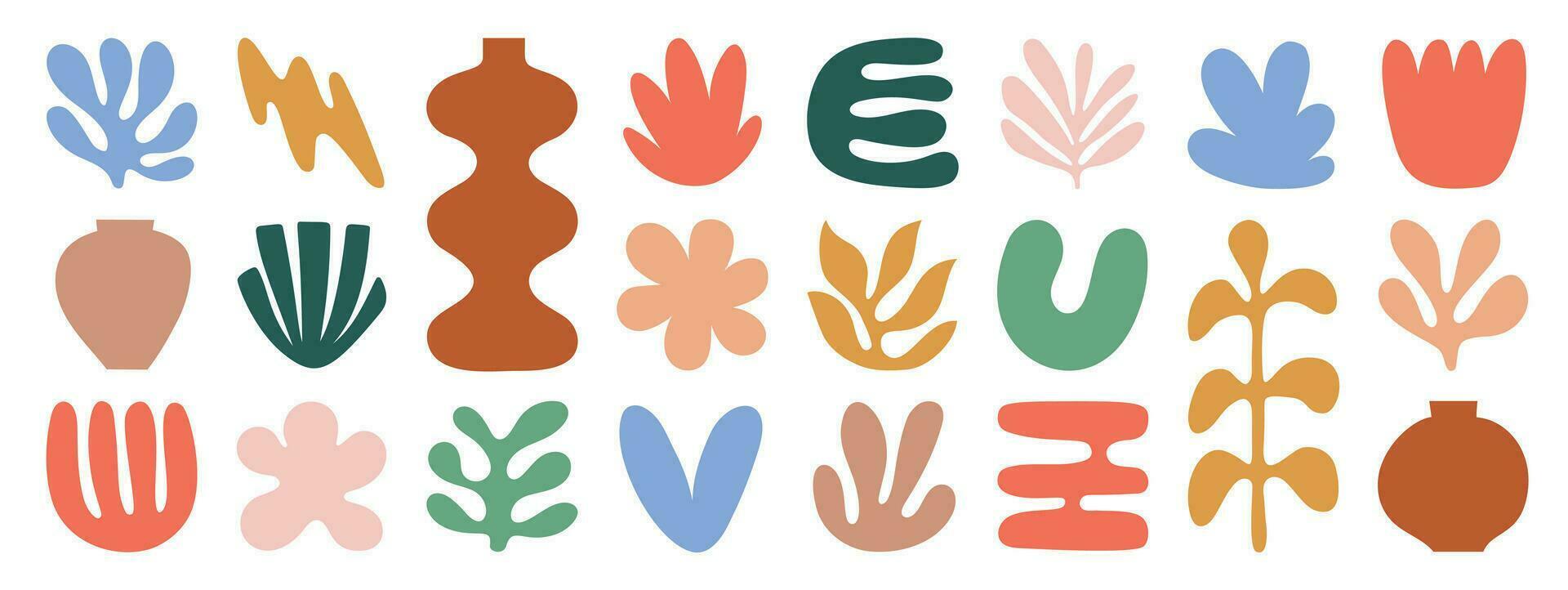 Set of abstract organic shapes inspired by matisse. Plants, coral, leaf, algae, vase in paper cut collage style. Contemporary aesthetic vector element for logo, decoration, print, cover, wallpaper.