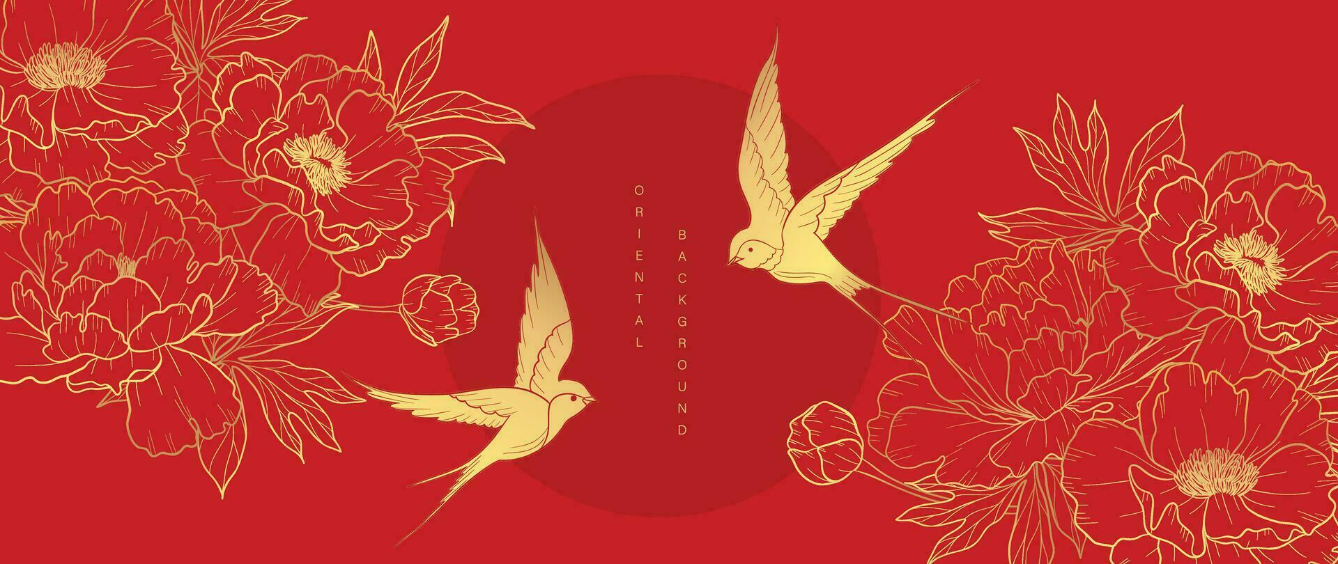 Luxury oriental japanese pattern background vector. Elegant swallow bird and peony flower golden line art on red background. Design illustration for decoration, wallpaper, poster, banner, card. vector