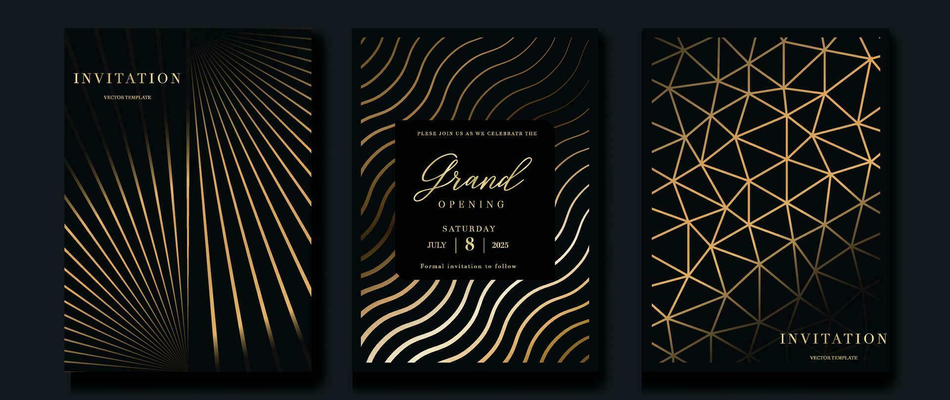 Luxury invitation card background vector. Golden curve elegant, gold line gradient on dark color background. Premium design illustration for gala card, grand opening, party invitation, wedding. vector