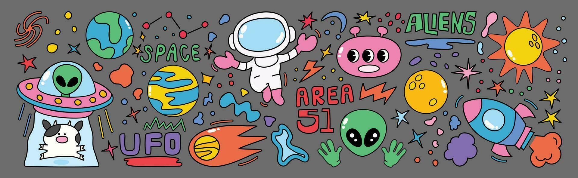 conjunto de 70s maravilloso elemento vector. colección de dibujos animados personaje, garabatear sonrisa rostro, OVNI, uap, extraterrestre, astronave, cohete, Saturno, vaca. linda retro maravilloso hippie diseño para decorativo, pegatina, niños. vector