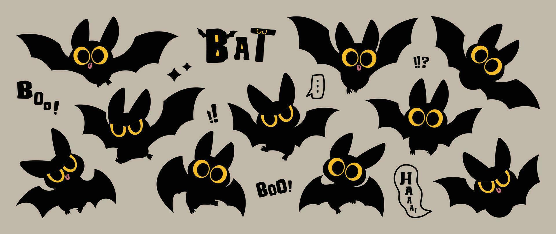 Happy Halloween day lovely bats vector. Cute collection of bats with different poses, flying, angry, surprising, curious . Adorable animal characters in autumn festival for decoration, prints, cover. vector