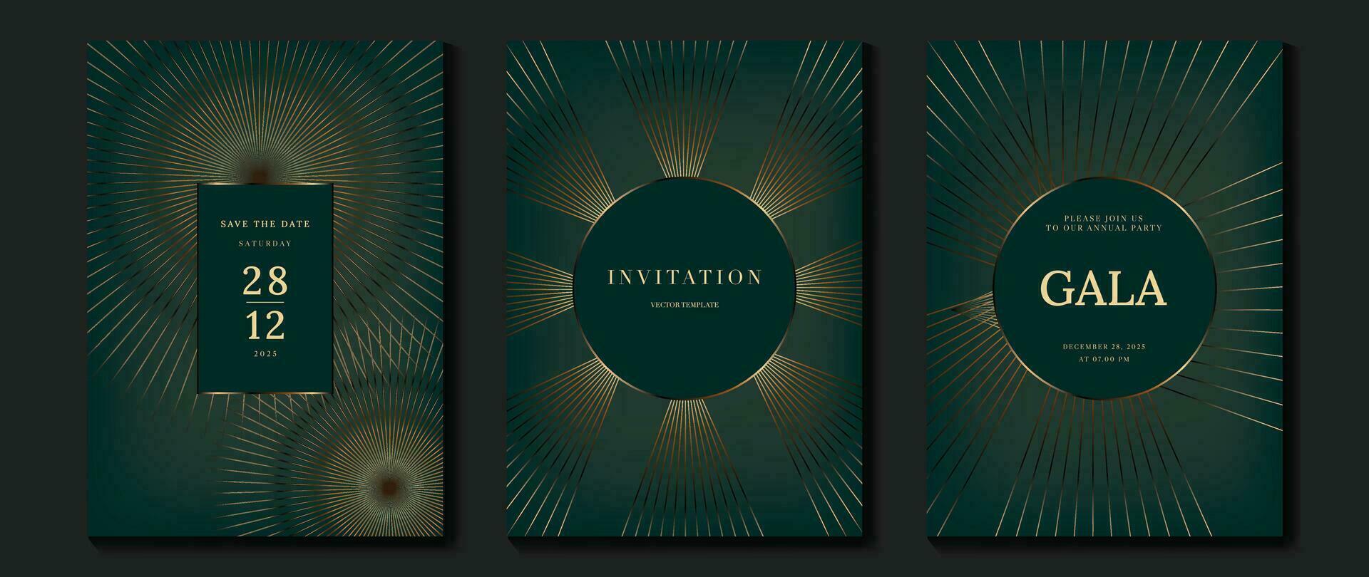 lujo invitación tarjeta antecedentes vector. dorado curva elegante, oro líneas degradado en oscuro verde color antecedentes. prima diseño ilustración para gala tarjeta, grandioso apertura, fiesta invitación, boda. vector