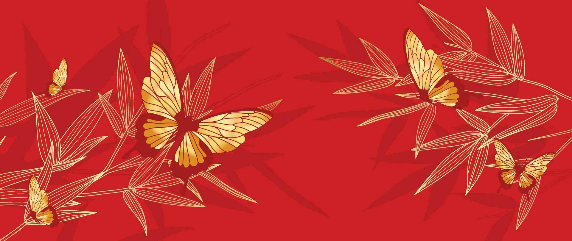 lujo oriental japonés modelo antecedentes vector. elegante mariposas y bambú hoja dorado línea Arte en rojo antecedentes. diseño ilustración para decoración, fondo de pantalla, póster, bandera, tarjeta. vector