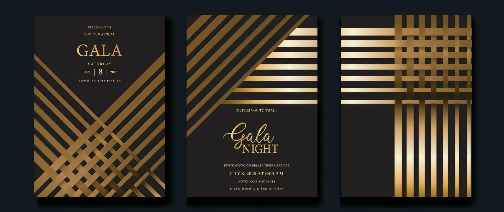 lujo invitación tarjeta antecedentes vector. dorado curva elegante, oro línea degradado en oscuro color antecedentes. prima diseño ilustración para gala tarjeta, grandioso apertura, fiesta invitación, boda. vector