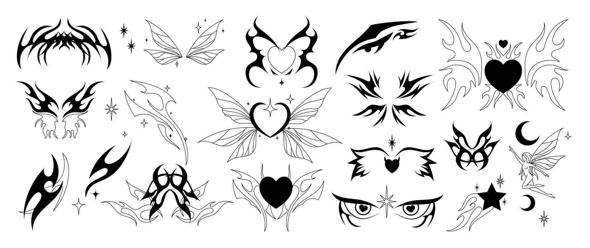 Set of y2k tattoo symbol vector on white background. Black trendy element design with wing, butterflies, heart, fire, devil, angel. 90s hand drawn tattoo design for sticker, decorative, body paint.