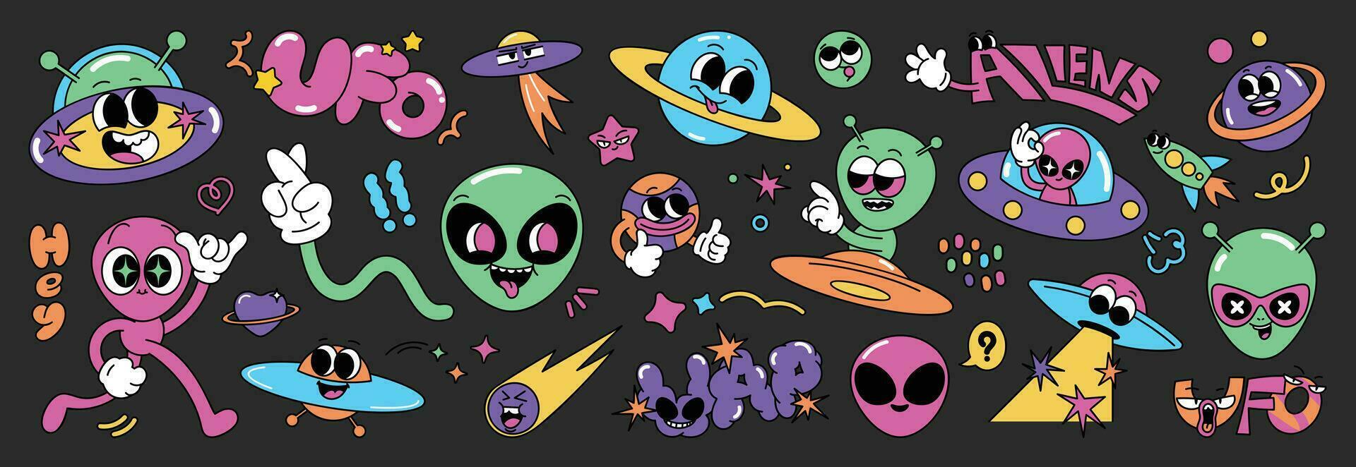 Set of 70s groovy element vector. Collection of cartoon character, doodle smile face, UFO, UAP, alien, spaceship, rocket, saturn. Cute retro groovy hippie design for decorative, sticker, kids. vector