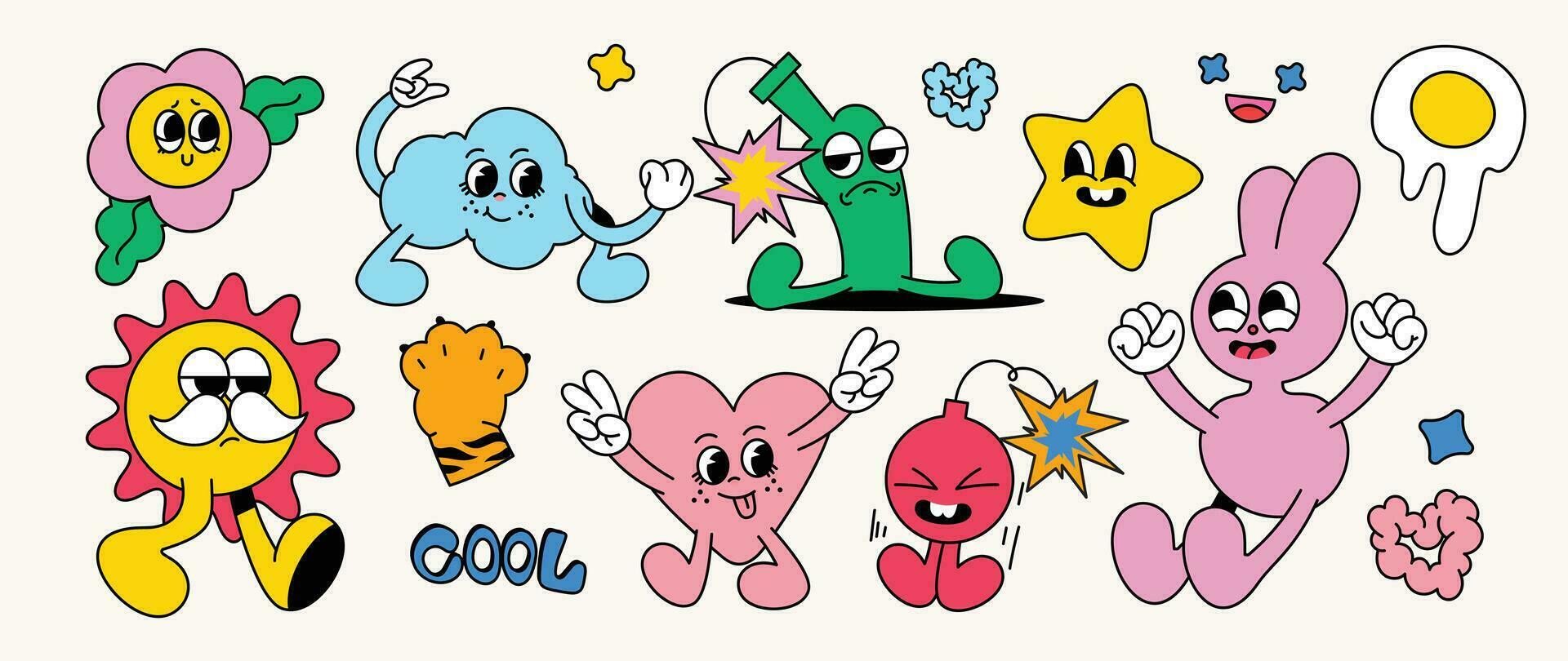 Set of 70s groovy element vector. Collection of cartoon characters, doodle smile face, flowers, sun, rabbit, bomb fried egg, cloud. Cute retro groovy hippie design for decorative, sticker, kids. vector