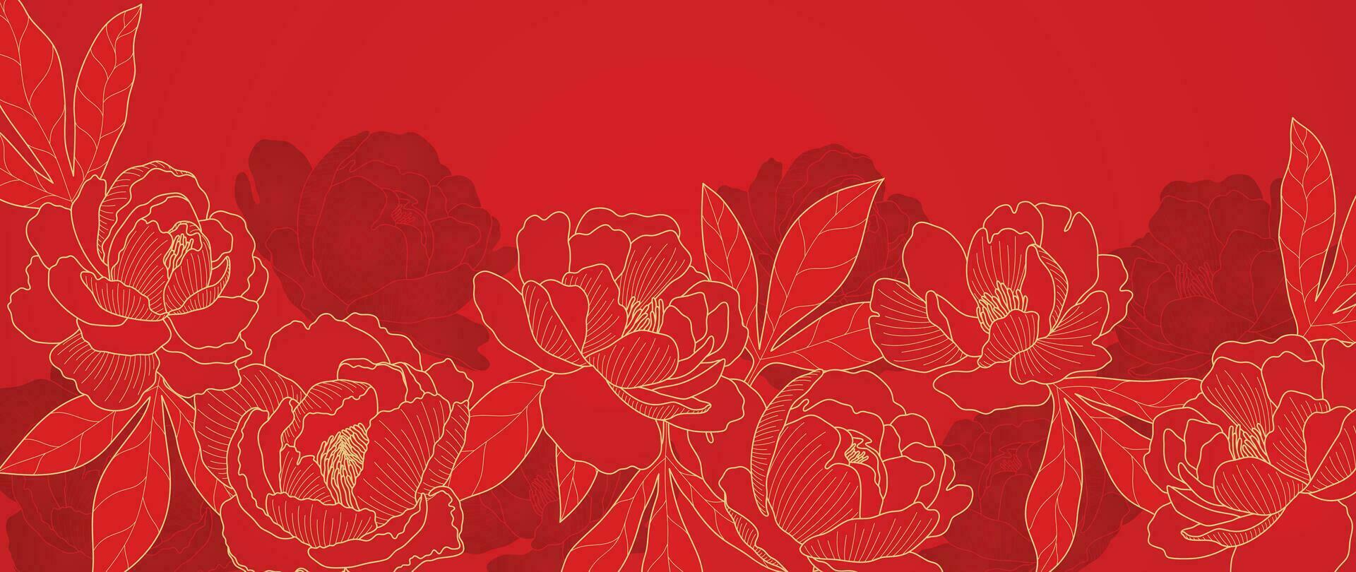 lujo oriental flor antecedentes vector. elegante peonía flores y hojas dorado línea Arte en rojo antecedentes. floral modelo diseño ilustración para decoración, fondo de pantalla, póster, bandera, tarjeta. vector