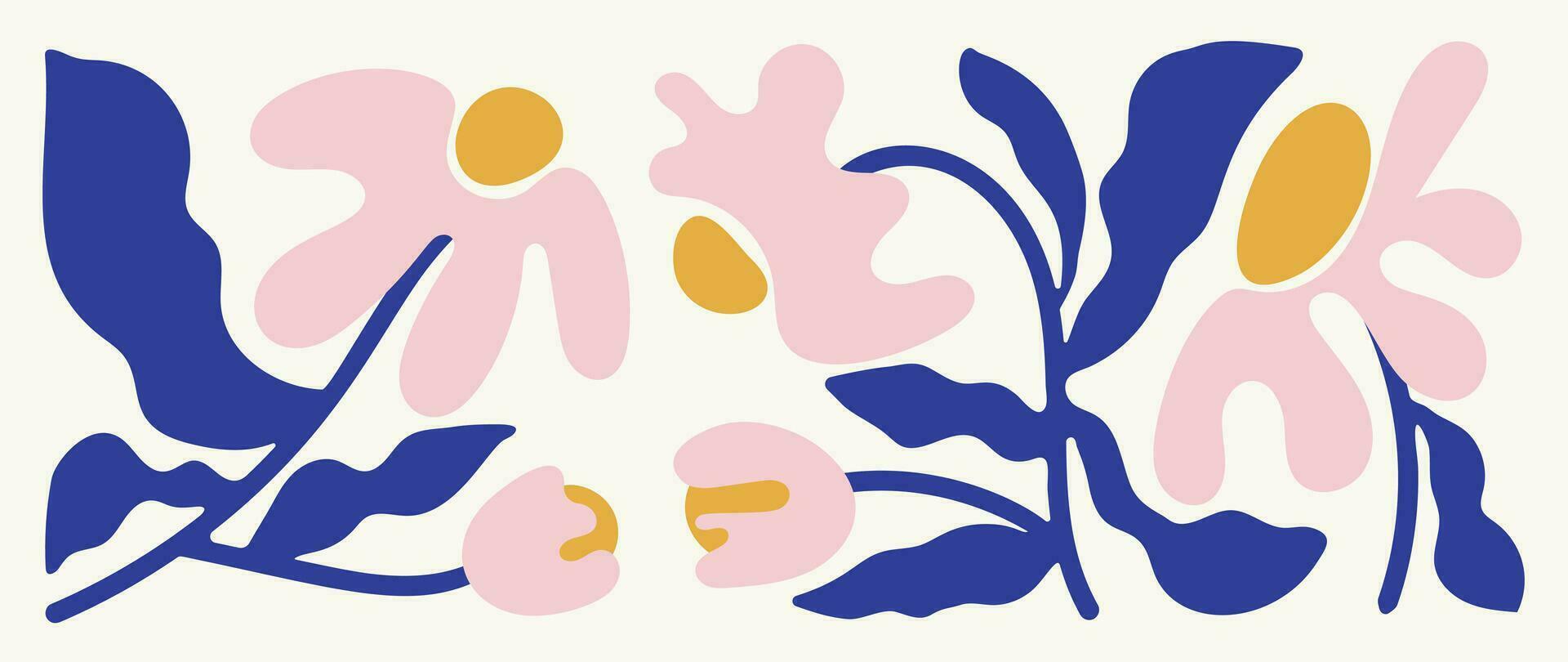 Abstract botanical art background vector. Natural hand drawn pattern design with leaves branch, flower. Simple contemporary style illustrated Design for fabric, print, cover, banner, wallpaper. vector