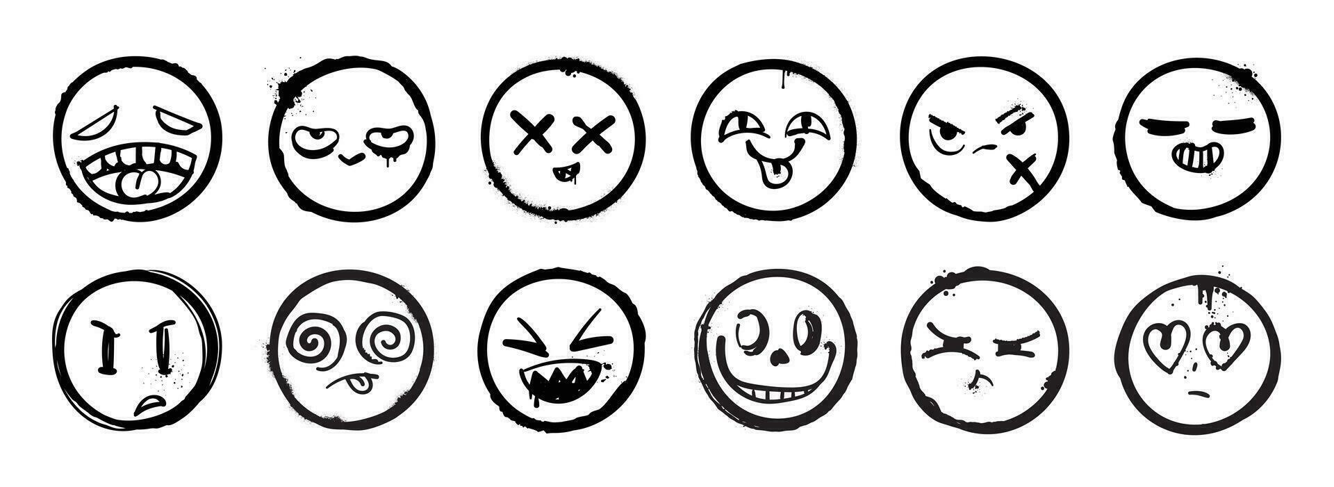 Set of graffiti face spray paint vector. Collection spray face emotion of smile face, angry, sad, cunning, happy, funny, silly. Design illustration for decoration, card, sticker. banner, street art. vector