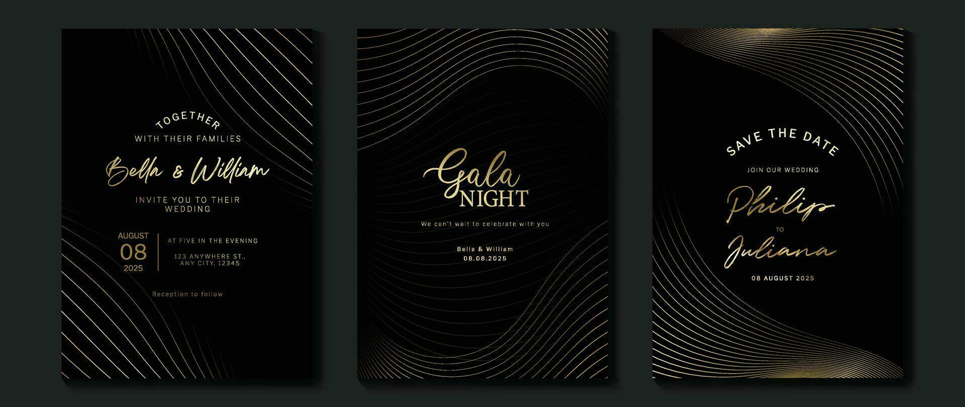 lujo invitación tarjeta antecedentes vector. dorado curva elegante, oro línea degradado en oscuro color antecedentes. prima diseño ilustración para gala tarjeta, grandioso apertura, fiesta invitación, boda. vector